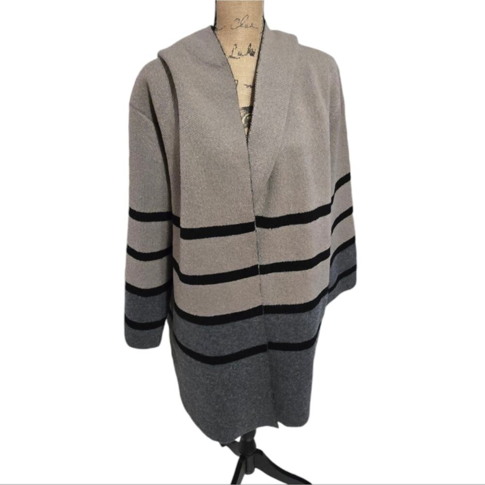 OLIVER O Neutral Hooded Striped Cozy Cardigan Coatigan Heavyweight Plus Size 2X - Picture 1 of 6